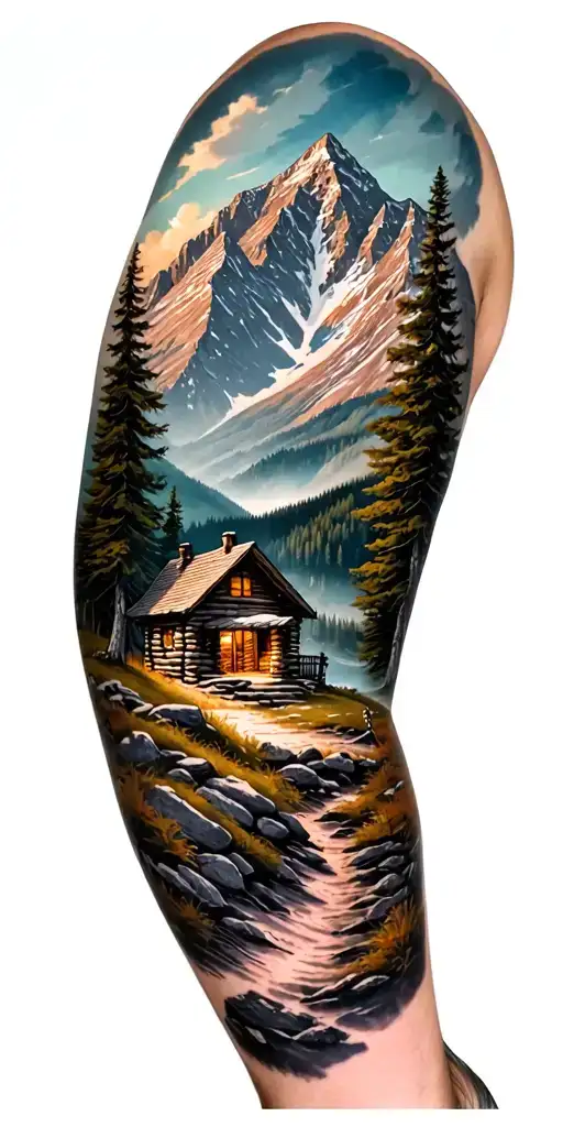 A detailed mountain landscape with a nestled cabin and a hidden hunting scene incorporated within the design tattoo design idea