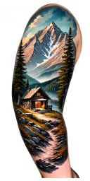 A detailed mountain landscape with a nestled cabin and a hidden hunting scene incorporated within the design tattoo design idea