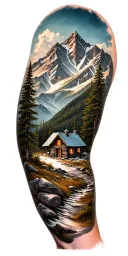 A detailed mountain landscape with a nestled cabin and a hidden hunting scene incorporated within the design tattoo design idea
