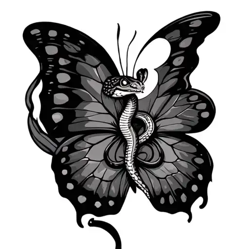 butterfly with snake in the middle of its body with half moon at top  tattoo design idea