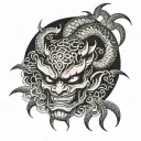 Only, Japanese, Oni Mask, Cobra, Snakes, Smoke, Moon, Sun tattoo design idea