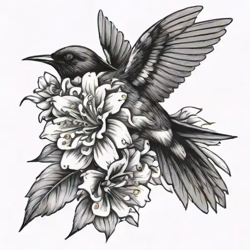 Swallow carrying chrysanthemum, gladiolus, and delphinium flowers in its mouth while flying as a black and white tattoo tattoo design idea