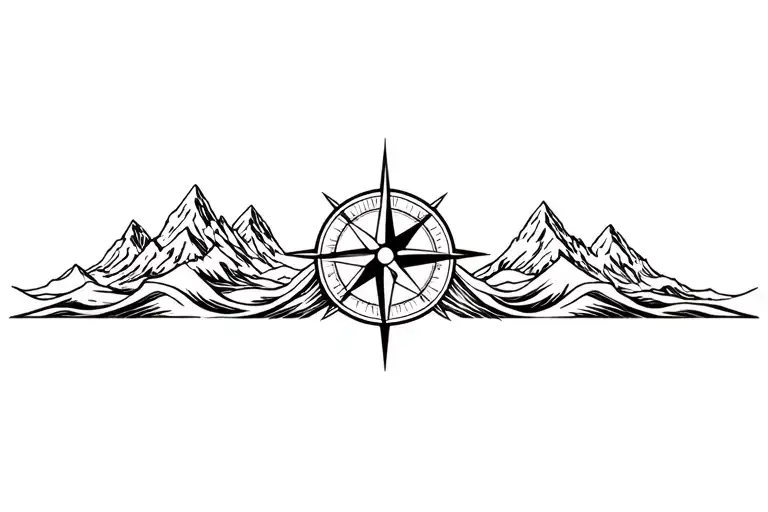 large compass surrounded by intricate geometric mountains and waves, black and white, add triangle frame tattoo design idea
