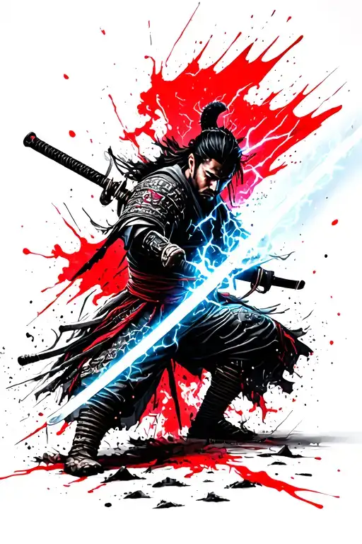 samurai with a lightning sword, lightning from his eyes, thrusts a katana into the ground tattoo design idea