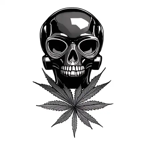 composition black skull robot with a gas mask, in the background a leaf of marijuana in black and white color tattoo design idea