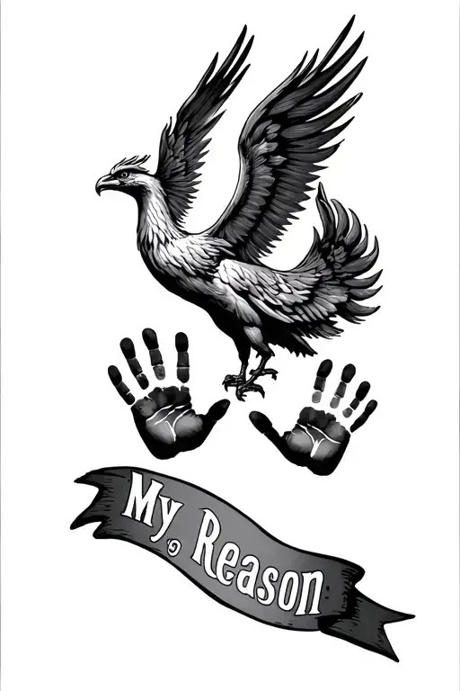 Phoenix with two children’s handprints with the words my reason  tattoo design idea