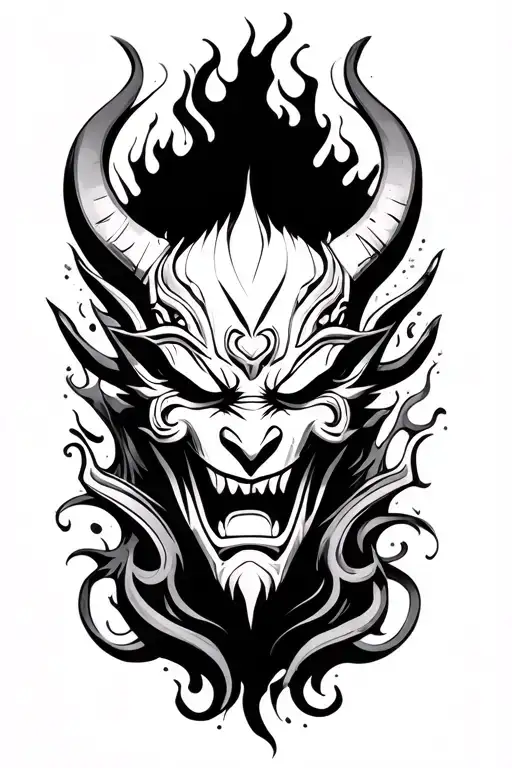 oni mask on forearm with blackout behind fading up into the upper arm tattoo design idea