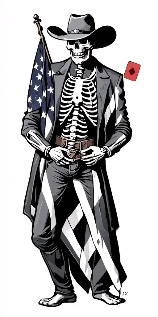 skeleton cowboy, american flag, playing cards tattoo design idea