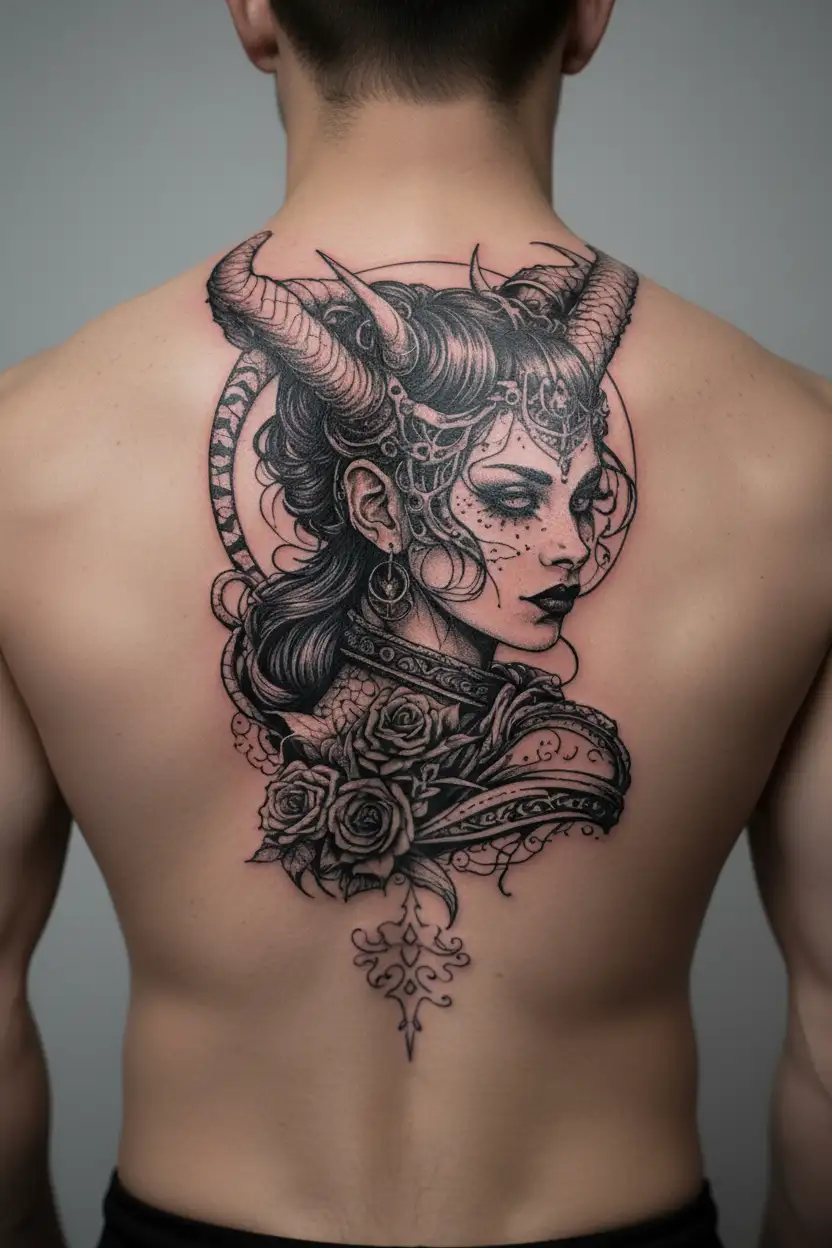 goth girl with horns wrapped tattoo design idea