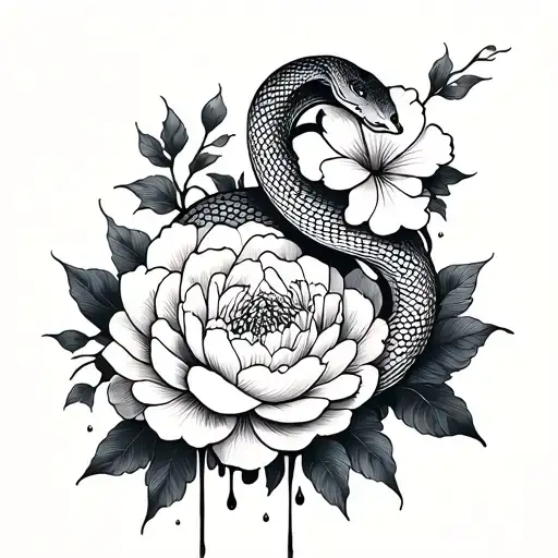 Irezumi tattoo flash, coiled snake and peony blossoms, black and gray only, droplets dripping like sweator ink, bold co tattoo design idea