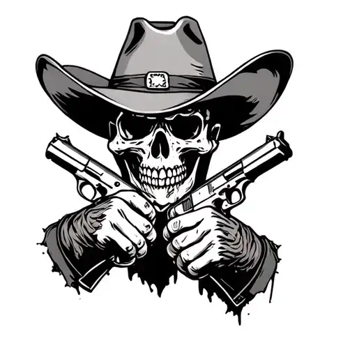 a cowboy skull with a torn hat and holding 2 1911 pistol only showing his hands tattoo design idea