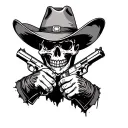 a cowboy skull with a torn hat and holding 2 1911 pistol only showing his hands tattoo design idea