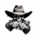 a cowboy skull with a torn hat and holding 2 1911 pistol only showing his hands tattoo design idea