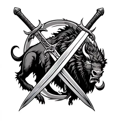 two swords crossed swords, with a dragon and bison in the background like spirits tattoo design idea