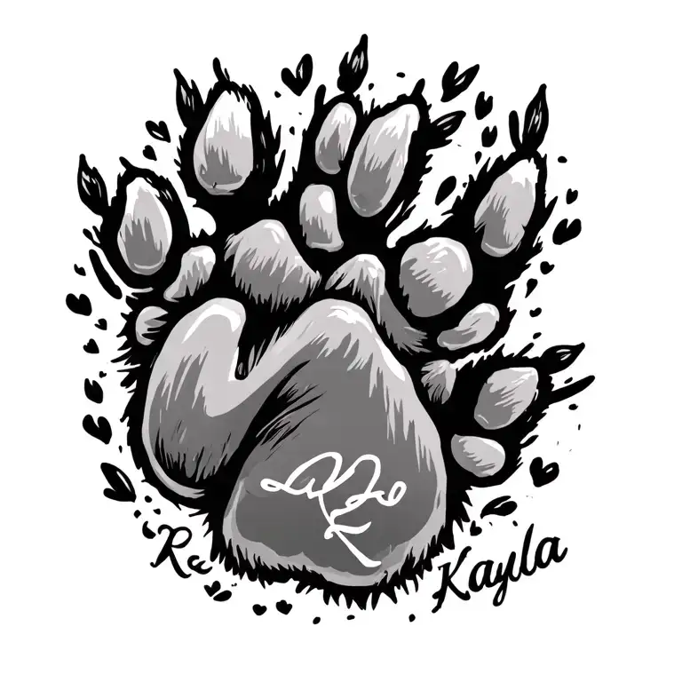 paw print with the name Kayla intertwined, love tattoo design idea