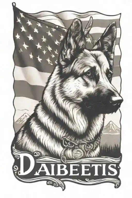 portrait of German shepherd wearing bracelet saying "diabetes" mountain scene American flag tattoo design idea