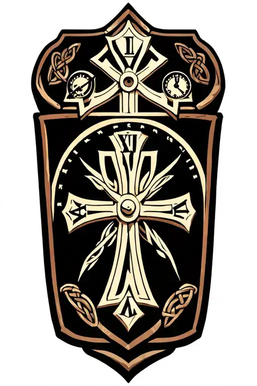 Celtic design with clock face, cross and shield templar cross tattoo design idea
