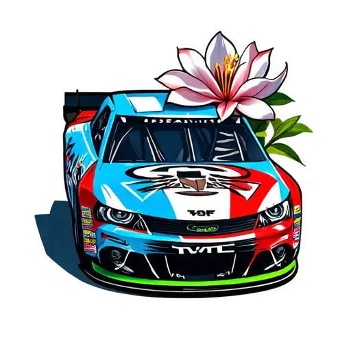 NASCAR race car with a tiger face and a magnolia flower blooming  colors red, blue, and green tattoo design idea