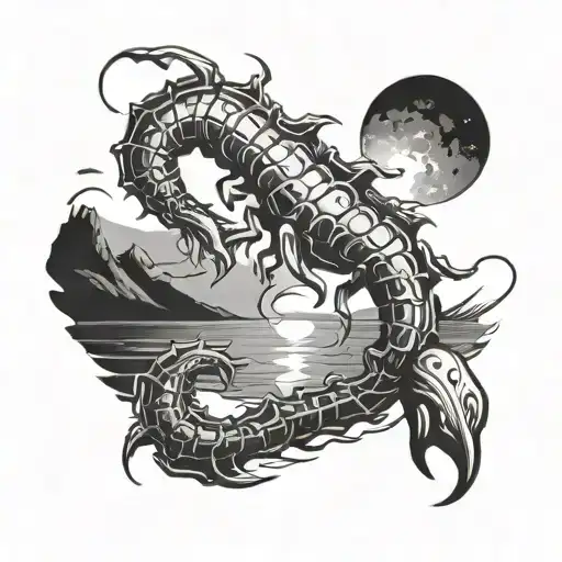 Scorpio zodiac symbol with a vivid sunrise reflecting on calm water tattoo design idea