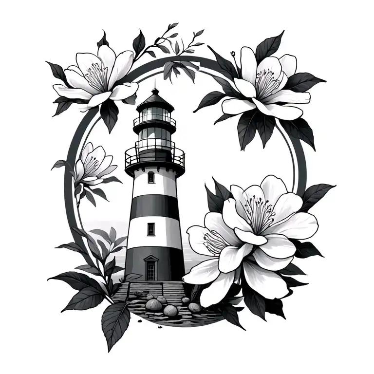 lighthouse and magnolias blooming tattoo design idea