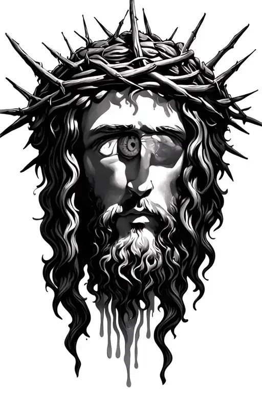 Jesus' eye with the thorn crown above and tears under it tattoo design idea