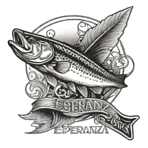 the word esperanza in a fly fishing line spelled out in the line of the rod and trout tattoo design idea