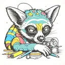 A sleeping lemur surrounded by art supplies tattoo design idea