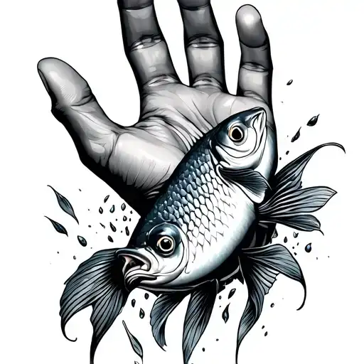a hand with individual fish scales falling out of the palm of the hand tattoo design idea