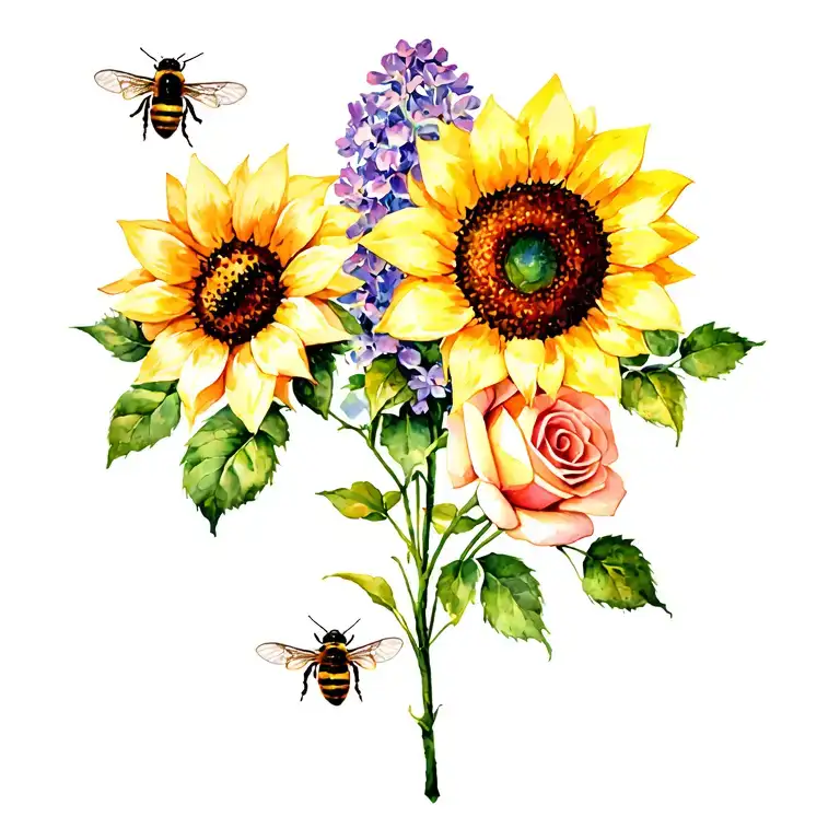 Lilacs, Roses, Sunflowers, and bees tattoo design idea
