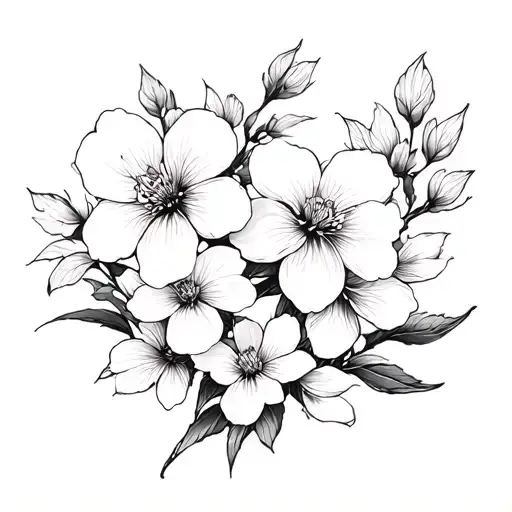 Creates a delicate floral composition with several flowers such as Sakura. Use fine and clear lines tattoo design idea