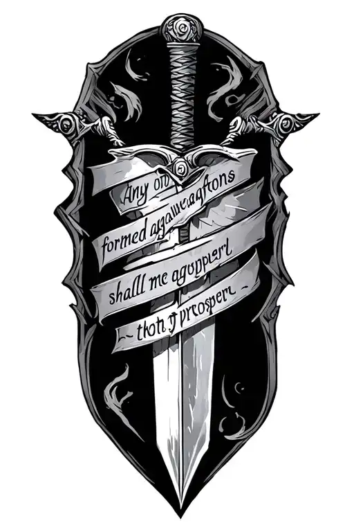 a broken sword with a Bible verse written "any weapons formed against me shall not prosper tattoo design idea