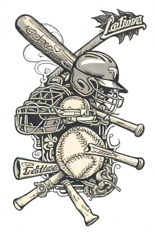 An intricate collage of baseball equipment like bats, gloves, and balls intertwined with Latoya's name in a script font tattoo design idea