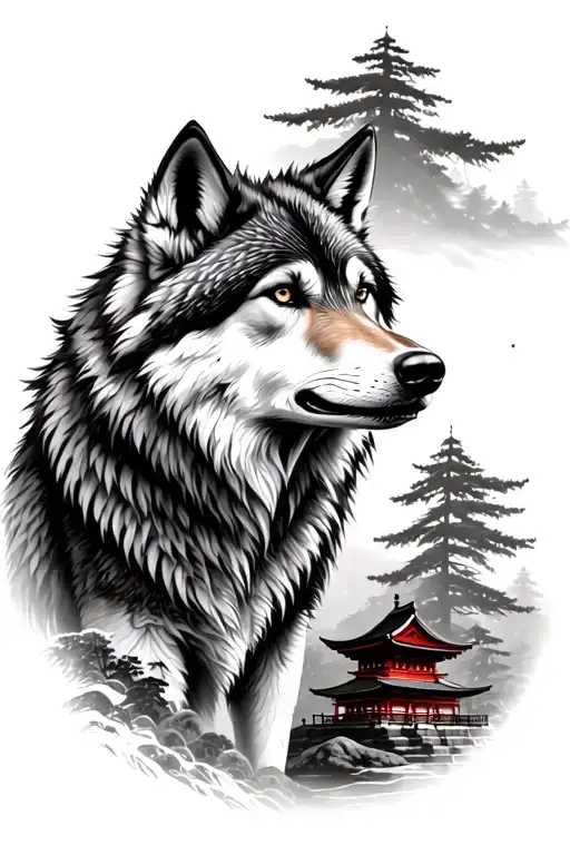 wolf surrounded by Japanese forest scene in black and white add a Japanese temple  tattoo design idea