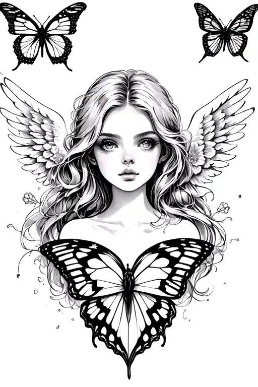 butterflies flying heart sexy blond girl angel watching tattoo design idea