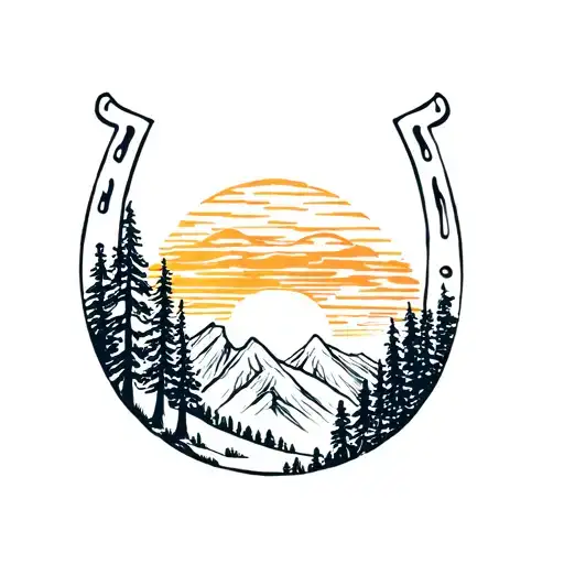 mountain range and sunset with trees in a horse shoe tattoo design idea