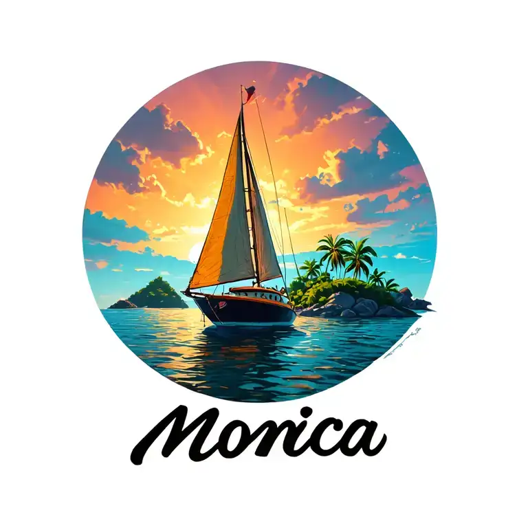 "Monica" small sailboat sailing from sunset sky, small island in background with plam vibrant colors tattoo design idea