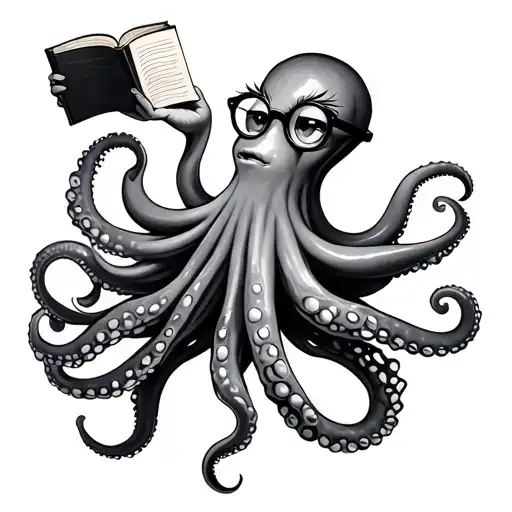 side profile of a octopus with eyelashes, wearing glasses, with a book with holding with her tentacles and holding a cof tattoo design idea