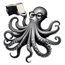 side profile of a octopus with eyelashes, wearing glasses, with a book with holding with her tentacles and holding a cof tattoo design idea