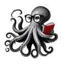 side profile of a octopus with eyelashes, wearing glasses, with a book with holding with her tentacles and holding a cof tattoo design idea