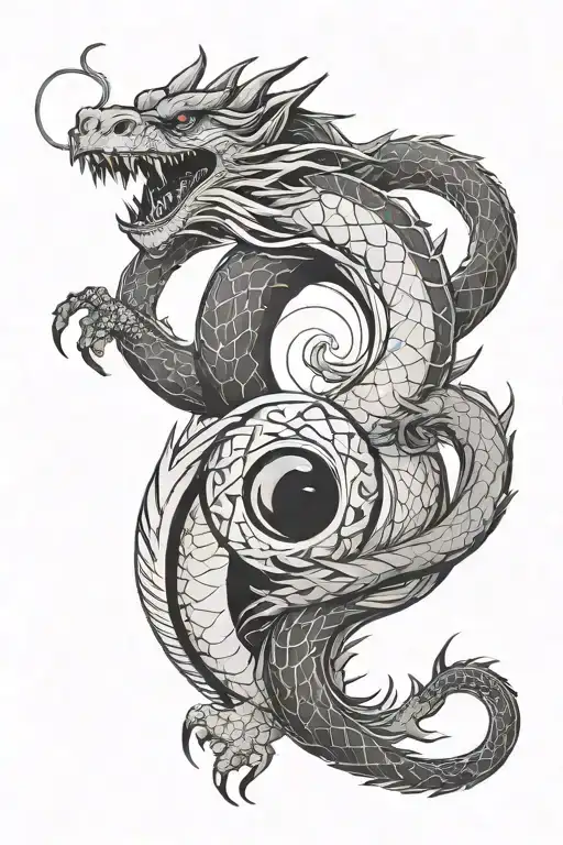 create a ying and yang with dragons with geometric design around it tattoo design idea
