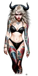 Sexy Pale Girl, petite, big boobs, wide hips, G-String. Messy hair, demonic horns, sexual. Seductive smile. Full Body tattoo design idea