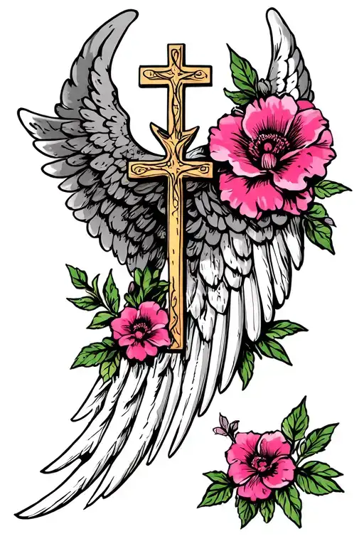 Angel wing Pink Flower Christian Cross tattoo design idea