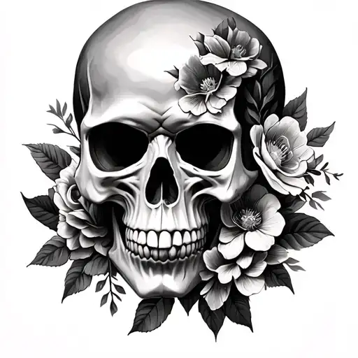 realistic outlaw skull with flowers tattoo design idea