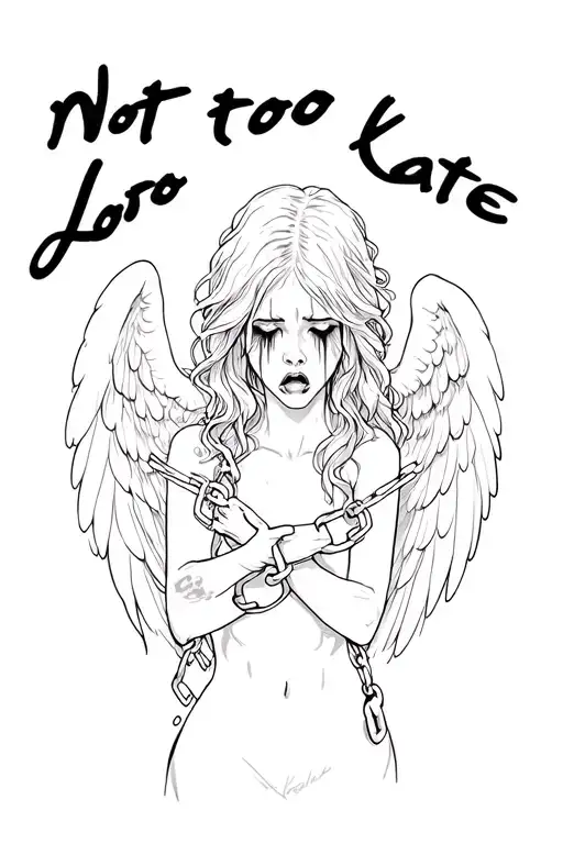 "Not too late" angel rap with shackles all around her crying  tattoo design idea