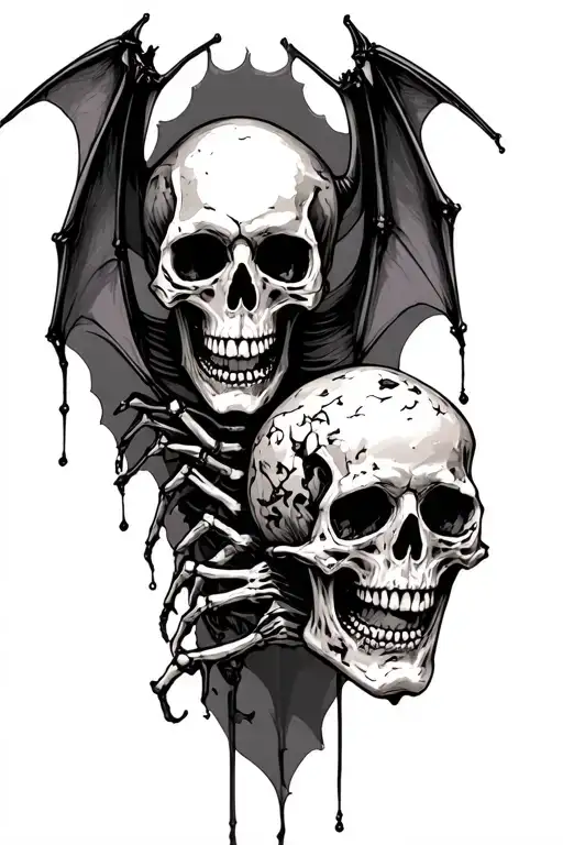 gothic skeleton bat holding crushed skull tattoo design idea