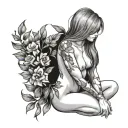 girl sitting on knees looking back, with flowers and nature covering her nude body tattoo design idea