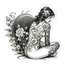 girl sitting on knees looking back, with flowers and nature covering her nude body tattoo design idea
