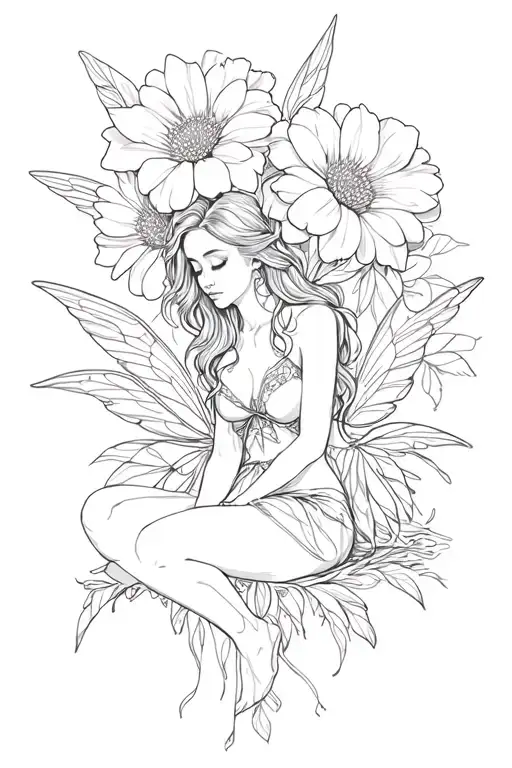 big flowers with a fairy sitting tattoo design idea