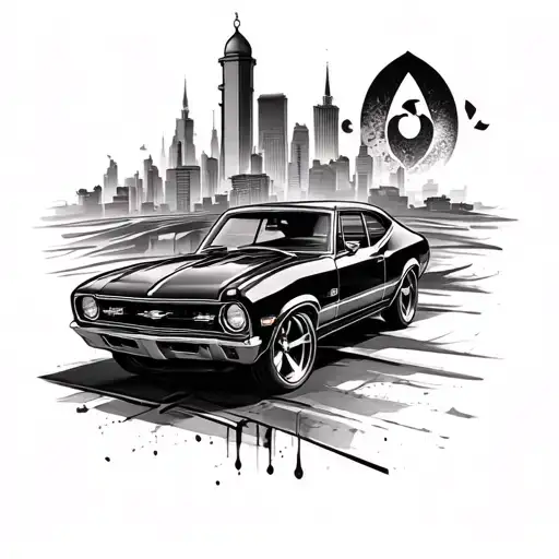 make a tattoo of chevy nova car with Tehran of iran background tattoo design idea