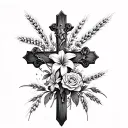 Cross with Vinescurling  up it with small roses carnations and lilys intertwined and Wheat in the Back tattoo tattoo design idea